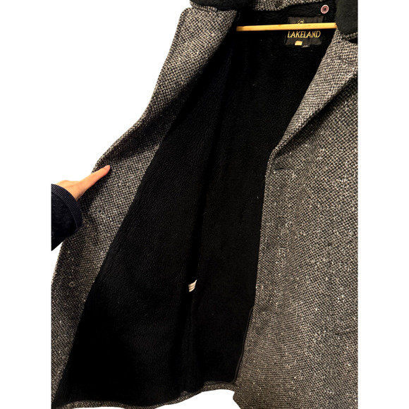 Huckberry Vintage XL Tweed 100% Wool Shearling Coat $550 Long Jacket Black Gray - Picture 5 of 13